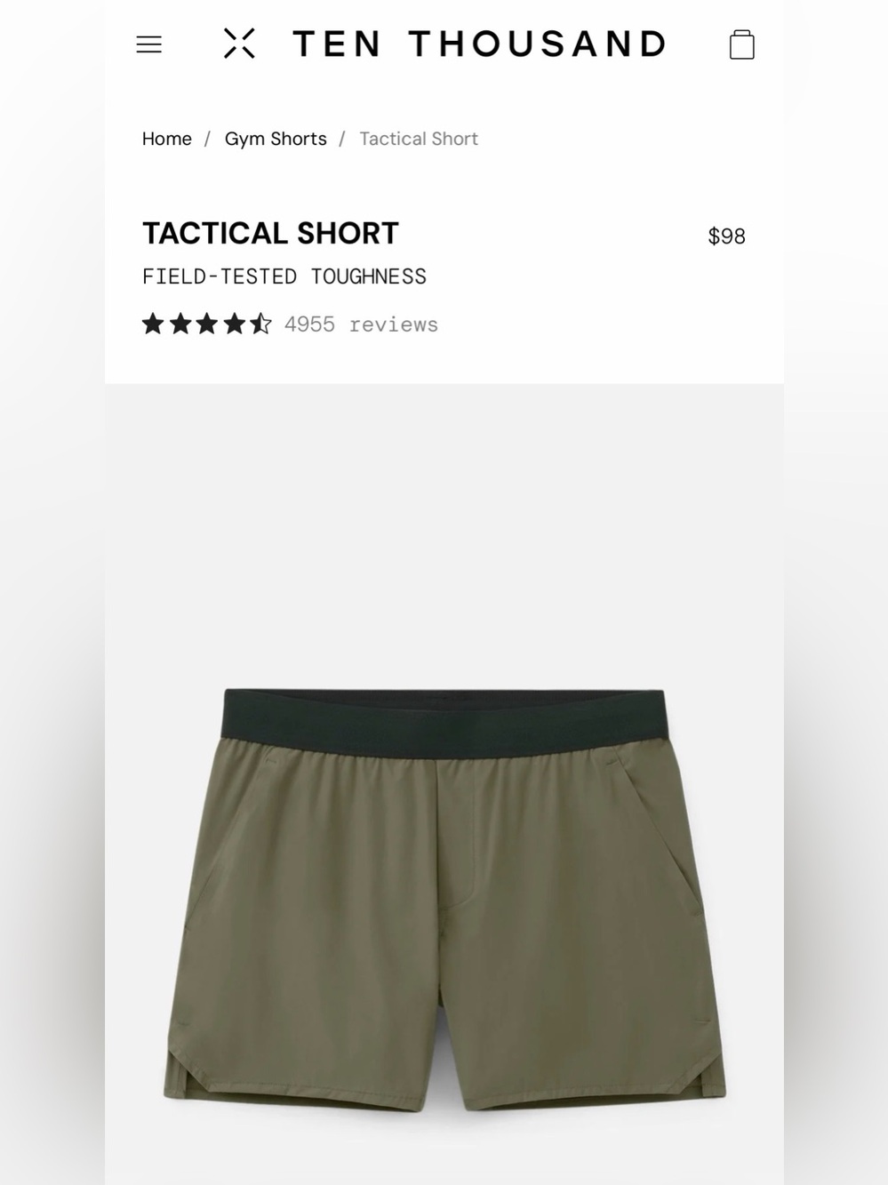 Ten Thousand Tactical Short. 5”. Unlined. OD Green. New.